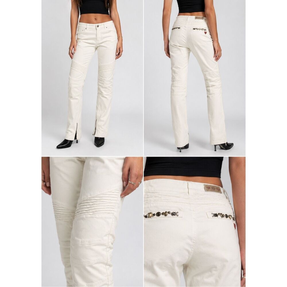 Twin-Set Simona Barbieri White Moto Jeans Embellished Pants Ankle Zip Italy Sz31